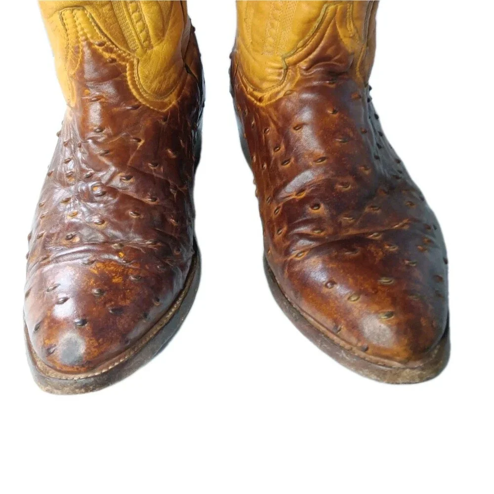 Rudel Western Boots Men's Size 9.5 E Ostrich Embossed Leather Brown